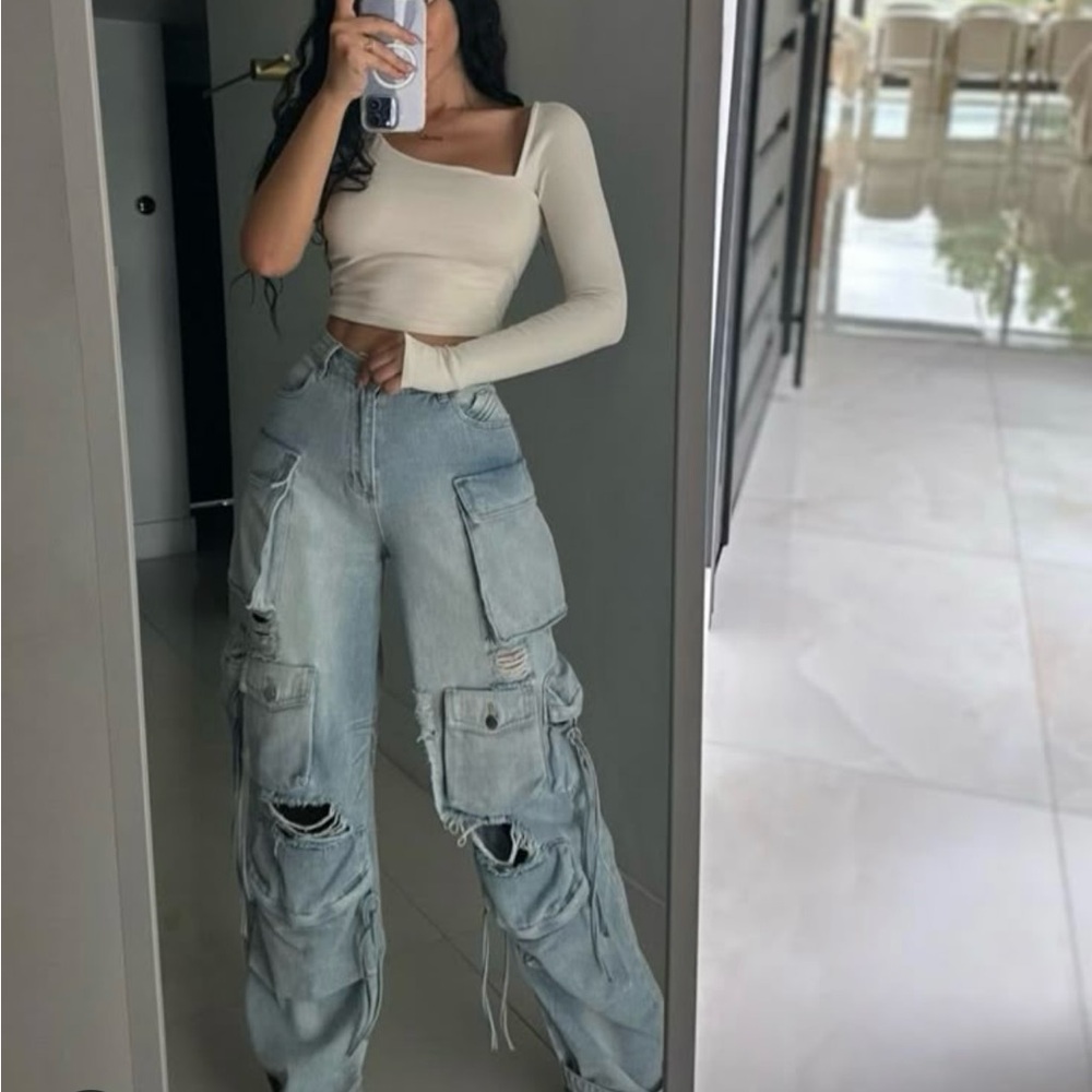 Dolls Kill Light Blue High Rise Distressed Jeans